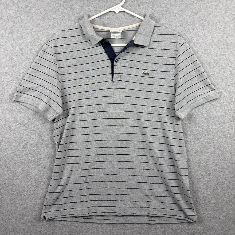 Lacoste Polo Shirt Mens 5 Large (Fits Small) Gray Navy Stripe Knit Mesh Cotton